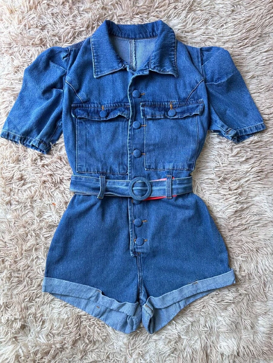 Denim Rompers Without Lycra With Button Women's Short Sleeve Princess - 中等水洗藍 - 查看 1
