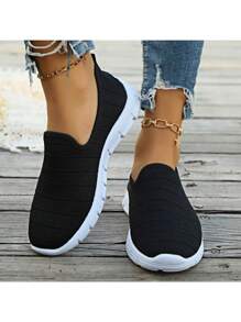 1 双女士休闲网眼针织平底鞋，透气步行运动鞋 - 黑色 - 查看 4