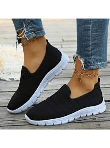 1 双女士休闲网眼针织平底鞋，透气步行运动鞋 - 黑色 - 查看 3