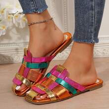 Stylish And Comfortable Colorblocked Square Toe Sandals For Women - Flat Bottomed Woven Hollow Toe Half Slippers - 橘色 - 查看 6