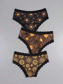 Dircho 3pcs Sexy Cute Gothic Contrast Lace Hipster Panties, Halloween Black & Orange Galaxy & Suns & Stars & Moons & Florals Allover Print Comfy Silky Intimates Briefs Panties, Women's Underwear & Lingerie - Multicolor - View 2