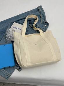 Bolsa de lona versátil y de moda, bolsos de tote para estudiantes, con múltiples compartimentos, perfecta para la playa, la escuela, el trabajo y el uso diario - Blanco - Ver 2