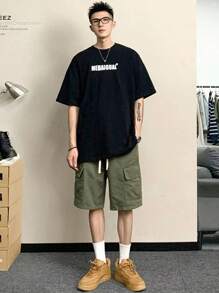 Bermuda CARGO With POCKET Men's Streetwear Twill - xanh quân đội - Xem 2