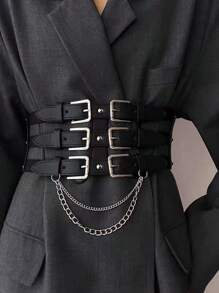 1 pieza Cinturón de estilo punk europeo y americano con cadena para mujer, banda decorativa para la cintura para vestidos y chaquetas, accesorio de entrenador de cintura de verano para damas, decoración de cadena gótica punk para vestido, cinturón negro de mujer para vestido, entrenador de cintura para adelgazamiento y control del abdomen