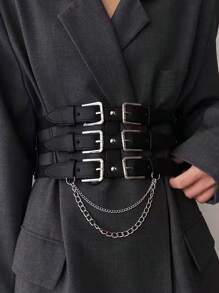 1 pieza Cinturón de estilo punk europeo y americano con cadena para mujer, banda decorativa para la cintura para vestidos y chaquetas, accesorio de entrenador de cintura de verano para damas, decoración de cadena gótica punk para vestido, cinturón negro de mujer para vestido, entrenador de cintura para adelgazamiento y control del abdomen