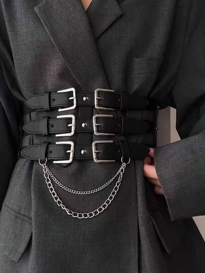 1 件女式紧身胸衣欧美链条朋克风格腰带，连衣裙和夹克装饰腰带，夏季女士腰部训练配饰，用于连衣裙哥特朋克链条装饰黑腰带女式紧身胸衣腰带，腰部训练器，塑腰，用于瘦腰和收腹，万圣节服装