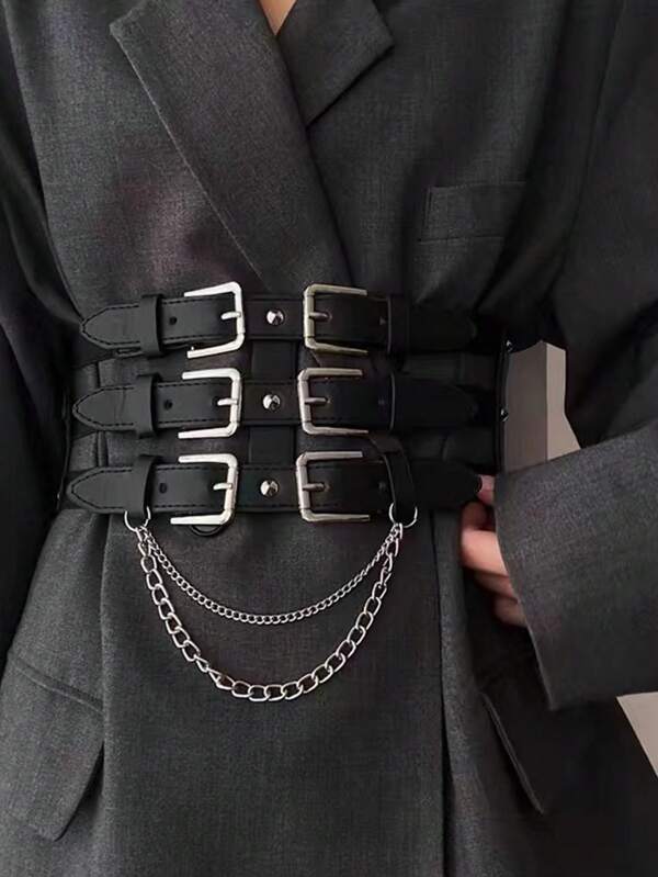 1pc Women Corset European And American Chain Punk Style Belt, Decorative Waist Band For Dresses And Jackets, Summer Waist Trainer Accessories For Ladies For Dress Goth Punk Chain Decor Black Belt Women Corset Belt For Dress,Waist Trainer Waist-Shaping For Waist Slimming And Tummy Control
