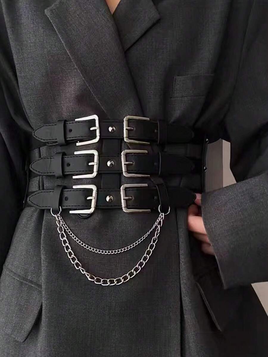 1 pieza Cinturón de estilo punk europeo y americano con cadena para mujer, banda decorativa para la cintura para vestidos y chaquetas, accesorio de entrenador de cintura de verano para damas, decoración de cadena gótica punk para vestido, cinturón negro de mujer para vestido, entrenador de cintura para adelgazamiento y control del abdomen