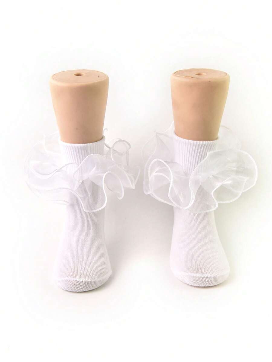 1 双儿童女孩荷叶边蕾丝边公主舞短袜，婴儿/幼儿/青少年 - 白色 - 查看 1