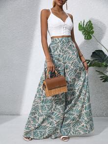 Pantalones palazzo de pierna ancha de gasa con estampado floral Ditsy de cintura alta, estilo bohemio para mujeres