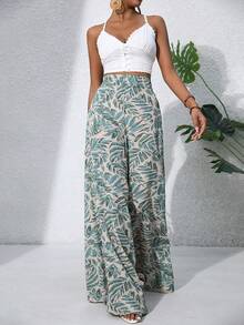 Pantalones palazzo de pierna ancha de gasa con estampado floral Ditsy de cintura alta, estilo bohemio para mujeres