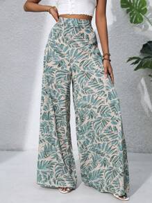 Pantalones palazzo de pierna ancha de gasa con estampado floral Ditsy de cintura alta, estilo bohemio para mujeres