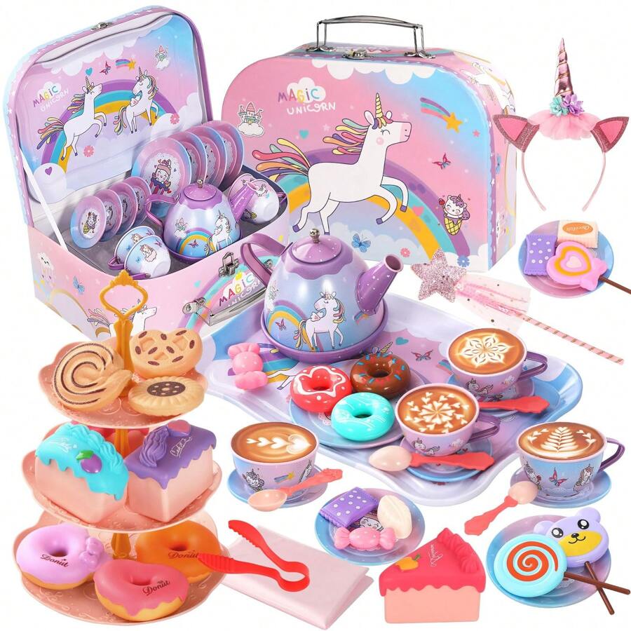 55Pcs Unicorn Tin Tea Party Set For Girls, Princess Pretend Play Kitchen Toy, Toddler Kids Gift For Ages 3 4 5+ Years Old - Multicolor - View 1