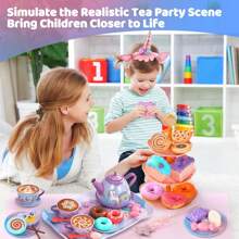 55Pcs Unicorn Tin Tea Party Set For Girls, Princess Pretend Play Kitchen Toy, Toddler Kids Gift For Ages 3 4 5+ Years Old - Multicolor - View 5