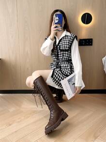 Brown Thigh-High Boots For Women, New 2025 Autumn/Spring Flat Non-Over-The-Knee Riding Boots, Lace-Up Slim-Fit Plus Size 43 High Top Boots