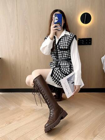 2025年秋季新款棕色女士过膝靴，平底，过膝，系带，修身，加大码43，高筒靴