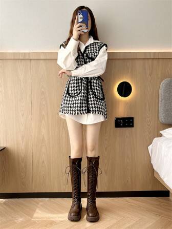 2025 Autumn New Brown Knee-High Boots For Women, Flat, Over-The-Knee, Lace-Up, Slimming, Plus Size 43, High Shaft Boots