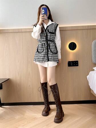 2025 Autumn New Brown Knee-High Boots For Women, Flat, Over-The-Knee, Lace-Up, Slimming, Plus Size 43, High Shaft Boots