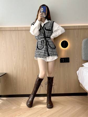 2025 Höstens nya bruna knähöga stövlar för kvinnor, platta, över knä, snörning, bantning, plusstorlek 43, stövlar med hög skaft