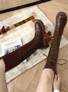 Brown Thigh-High Boots For Women, New 2025 Autumn/Spring Flat Non-Over-The-Knee Riding Boots, Lace-Up Slim-Fit Plus Size 43 High Top Boots