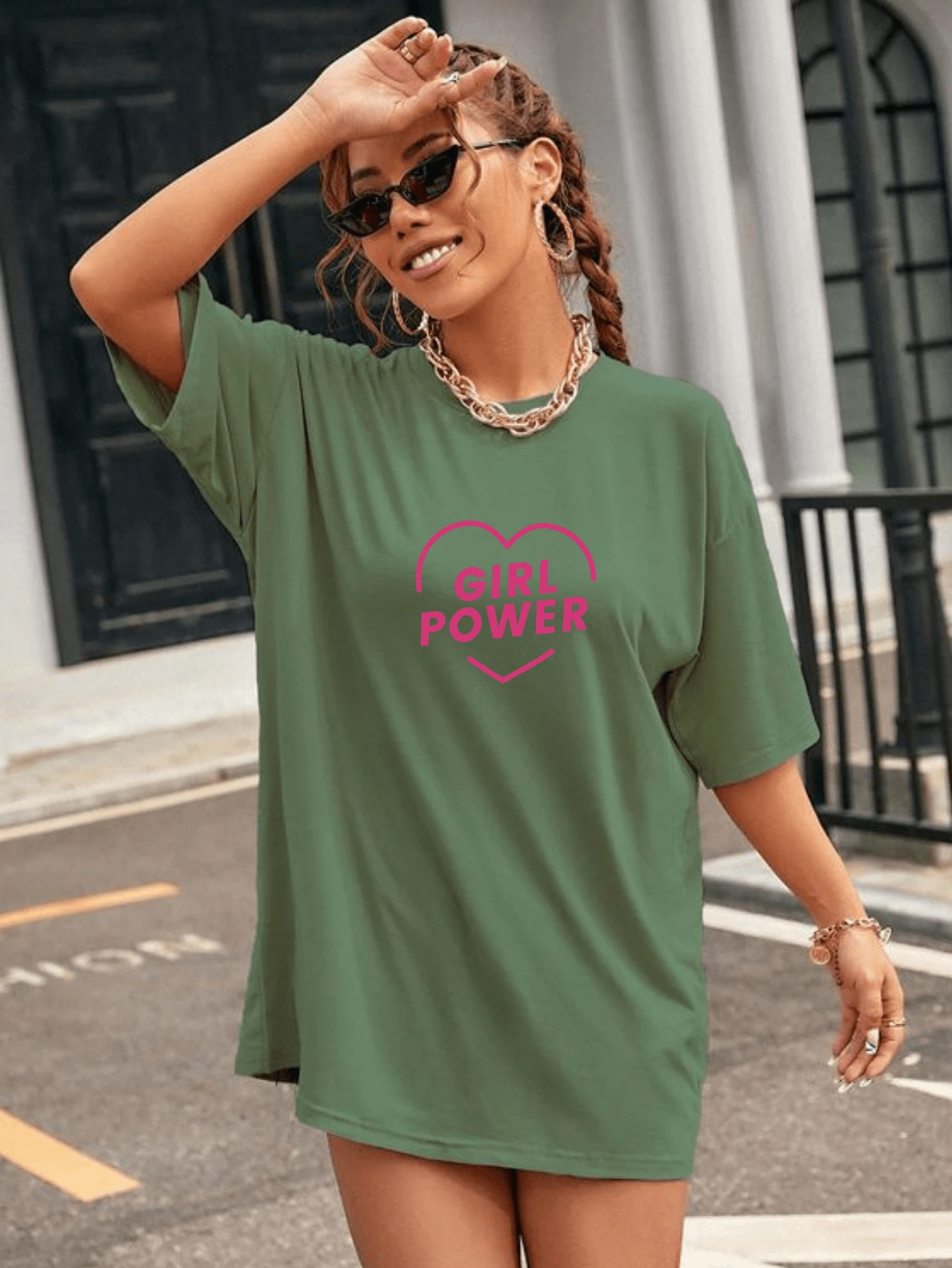 Oversized Streetwear T-Shirt With Girl Power Print 100% Cotton - Màu xanh lá cây đậm - Xem 1