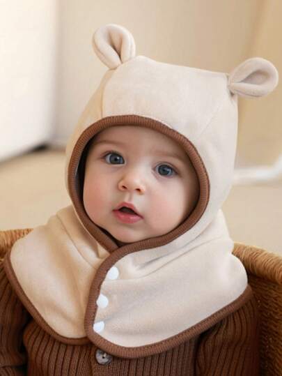 1 件婴儿熊耳连帽衫，厚实保暖围巾领口帽子，适合婴儿，防风羊毛护耳帽，适合 1-3 岁，适合日常户外运动