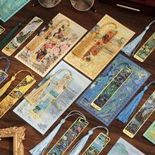 12 Pcs Vintage Painting Metal Bookmark Set Retro Oil Hollow Long Tassel Bookmark Students Reading Tool Creative Gift School Supplies For Book Lovers Friends Office School Stationery Supplies
