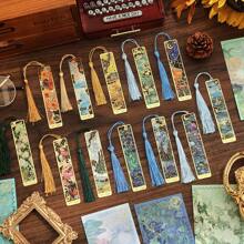 12 Pcs Vintage Painting Metal Bookmark Set Retro Oil Hollow Long Tassel Bookmark Students Reading Tool Creative Gift School Supplies For Book Lovers Friends Office School Stationery Supplies