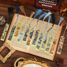 12 Pcs Vintage Painting Metal Bookmark Set Retro Oil Hollow Long Tassel Bookmark Students Reading Tool Creative Gift School Supplies For Book Lovers Friends Office School Stationery Supplies