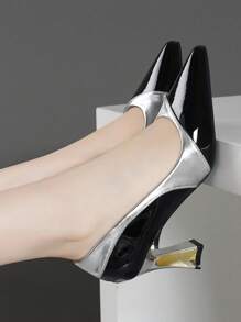 Tacones de bloque de tacón alto y punta afilada para mujer, nuevo diseño bicolor en negro, blanco, plata, dorado, piel de patente, zapatos de moda - negro plata - Ver 4