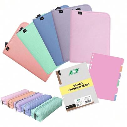 Caderno Fichário Argolado Universitário C/ Bloco de 96 Folhas + 6 Divisória + Estojo Pastel