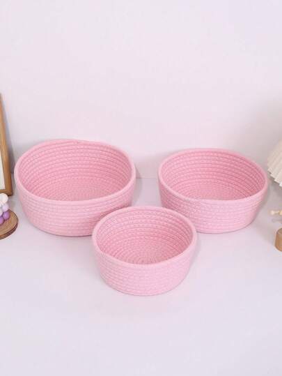 Cesta de almacenamiento circular tejida a mano con hilos, organizador de escritorio, regalo para el Día de la Madre, para sala de estar, cocina, baño, decoración del hogar, disponible en 3 tamaños