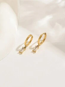 1 Pair Fashionable Cubic Zirconia Embellished Stainless Steel Square Pendant Earrings For Women, Minimalist Everyday Wear