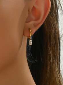1 Pair Fashionable Cubic Zirconia Embellished Stainless Steel Square Pendant Earrings For Women, Minimalist Everyday Wear