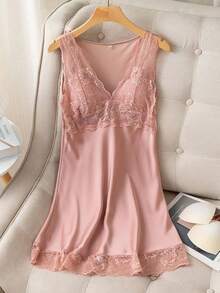 Pijama De Encaje Satinado Sexy Para Mujer - Rosa - Ver 2