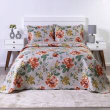 Boutis Ultrasonic Double-Sided 3-Piece Bed Cover Quilt Kit With Pillow Holder - Orange Floral - View 2