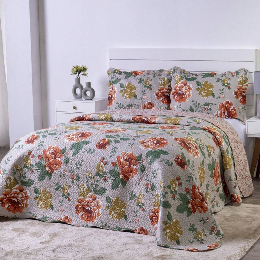 Boutis Ultrasonic Double-Sided 3-Piece Bed Cover Quilt Kit With Pillow Holder - Orange Floral - View 1