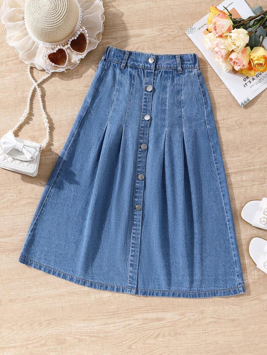 Girl's Casual Minimalist Front Button A-Line Denim Maxi Skirt, Suitable For Outings And Gatherings, All Seasons - Blue - View 1