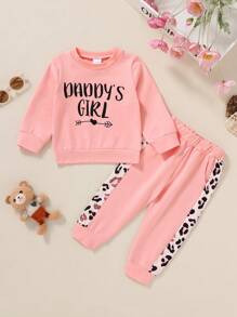 Conjunto de 2 peças para menina, com estampa de letras fofas e fofas, moletom com estampa de coração e calça com detalhes em patchwork, macio, confortável e casual