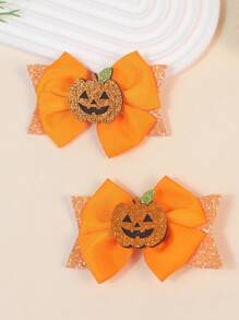 2pcs/Set Orange Bow Hair Clips For Kids, Halloween Pumpkin Hair Accessories For Girls, For Halloween Party - Orange - View 2