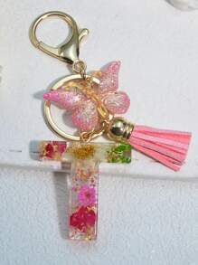 One Initial Keychain For Girl And Ladies, Pink Cute Dry Flower Dandelion Key Chain, Backpack/Handbag Decoration, Butterfly Tassel, Gift Car Accessories Bag Charm School Goth Y2k