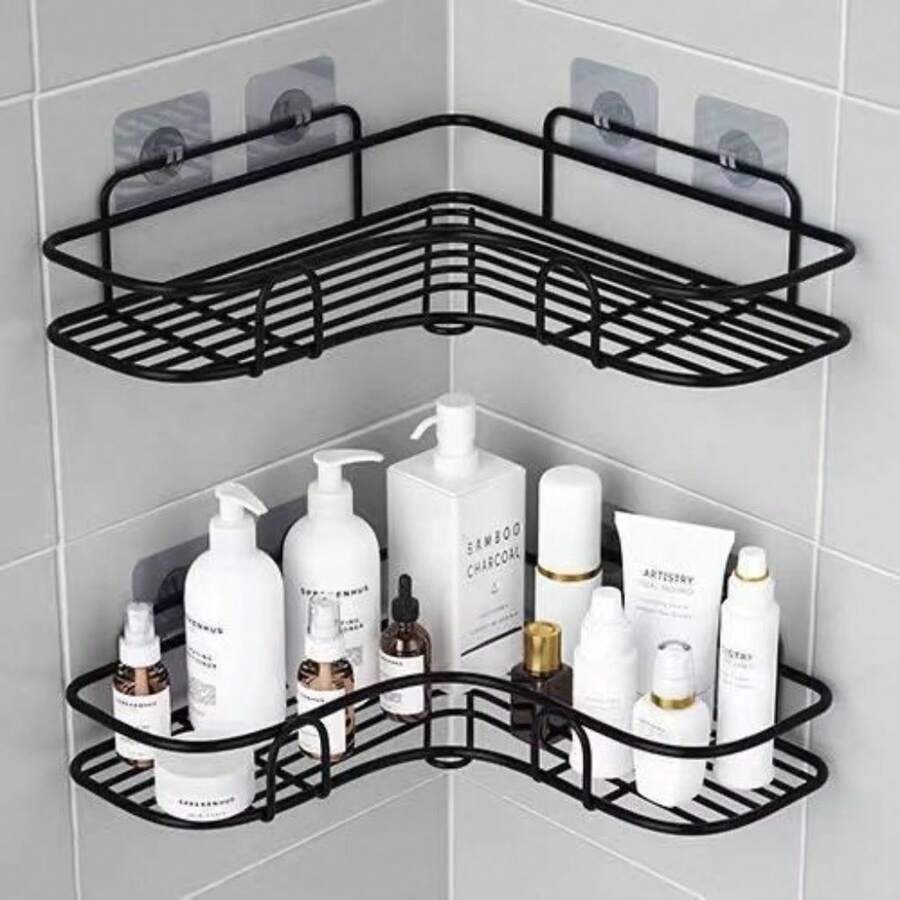Kit 2 Support Shelves With High Stickers For Wall Bathroom Kitchen Laundry Shampoo And Soap - 黑色 - 查看 1