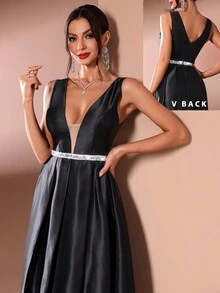 Abiti da sera lunghi da donna con scollo a V senza maniche in raso, con paillettes e cintura, per cerimonie