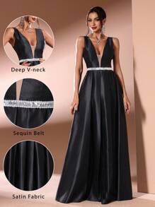 Abiti da sera lunghi da donna con scollo a V senza maniche in raso, con paillettes e cintura, per cerimonie