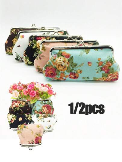 1/2个装帆布玫瑰随机图案可换扣小包，可爱韩版双玫瑰帆布可换扣小包，复古玫瑰印花化妆包，带可替换扣，男女皆宜的完美礼物，适合收纳于大包、钱包、零钱包中。
