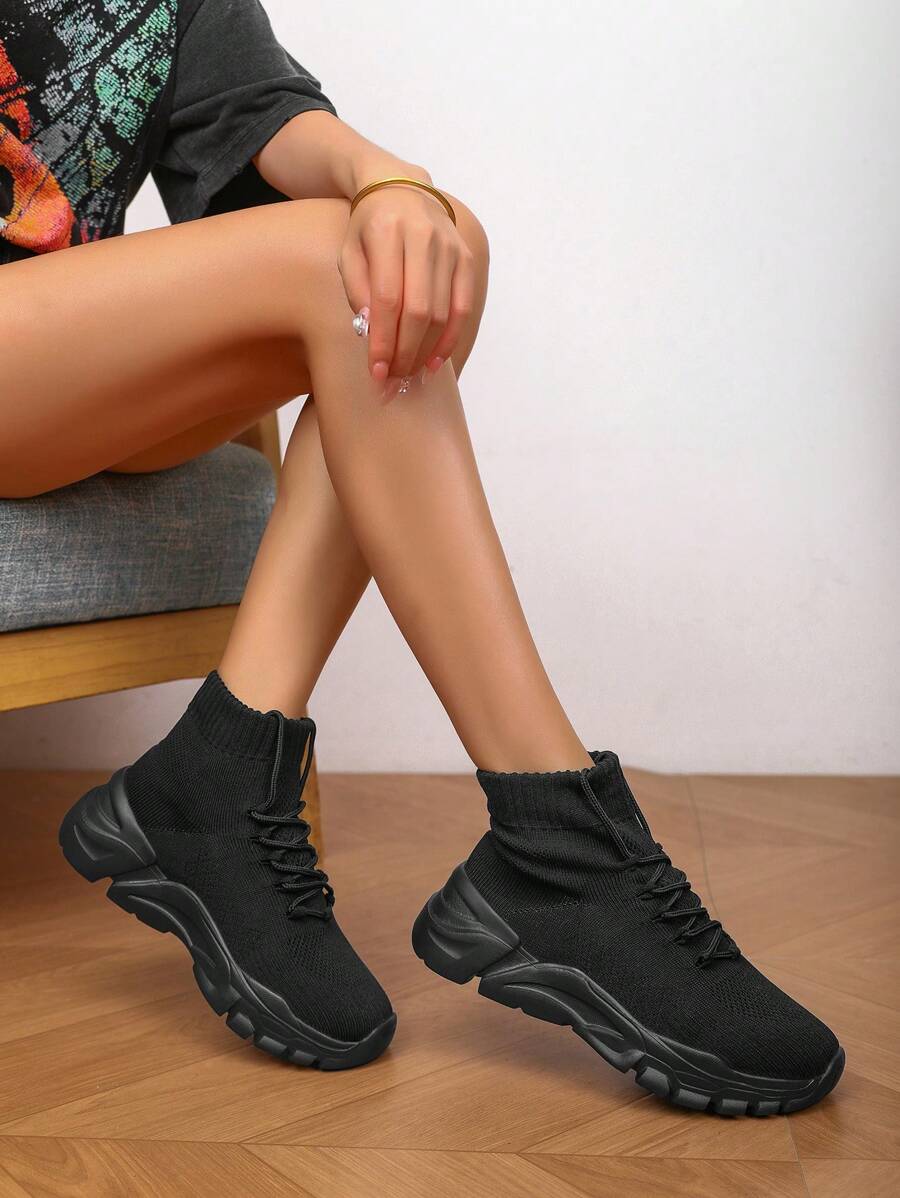 New Women Breathable Mesh Black Slip-On Casual Shoes, Soft And Comfortable, Mid-Top Sock Shoes, Fashionable And Simple, Versatile Leisure Sneakers, Soft Bottom, Lightweight And Comfortable, Walking Shoes, Travel Shoes - Black - View 1