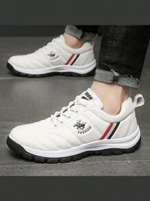 Zapatillas de tenis casuales para hombres, suela antideslizante de color sólido con cordones Zapatillas para correr en pareja - Blanco - Ver 9