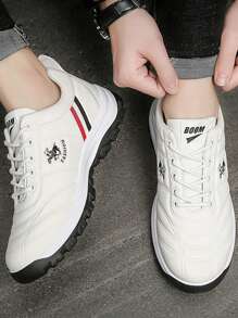 Zapatillas de tenis casuales para hombres, suela antideslizante de color sólido con cordones Zapatillas para correr en pareja - Blanco - Ver 2