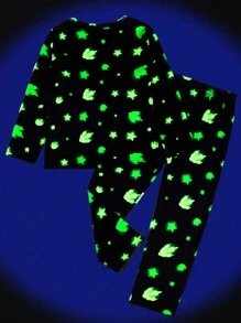2pcs Young Boy Glow In The Dark Dinosaur & Star Pattern Pajama Set, Winter - Multicolor - View 2