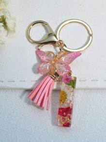 One Initial Keychain For Girl And Ladies, Pink Cute Dry Flower Dandelion Key Chain, Backpack/Handbag Decoration, Butterfly Tassel, Gift Car Accessories Bag Charm School Goth Y2k